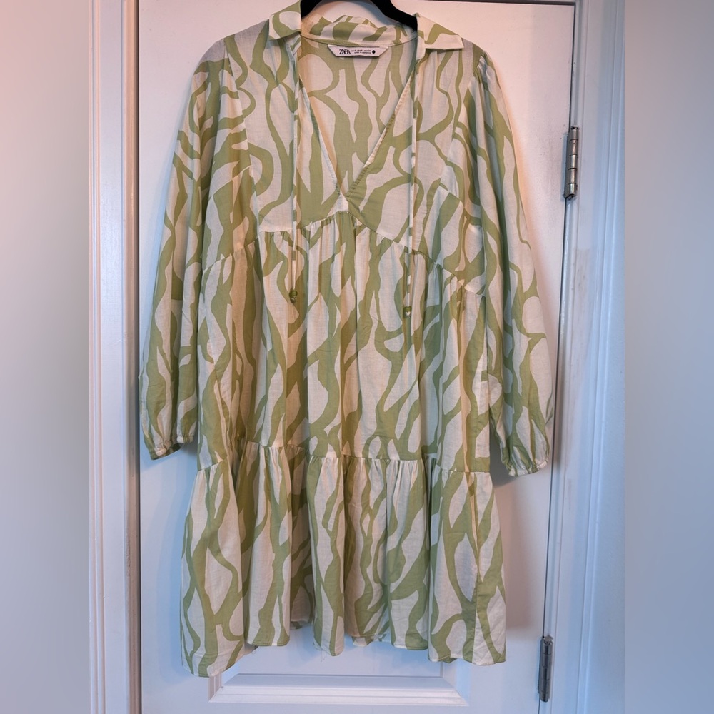 Zara Sage Green and Cream Ruffled Midi Dress with Bishop Sleeves